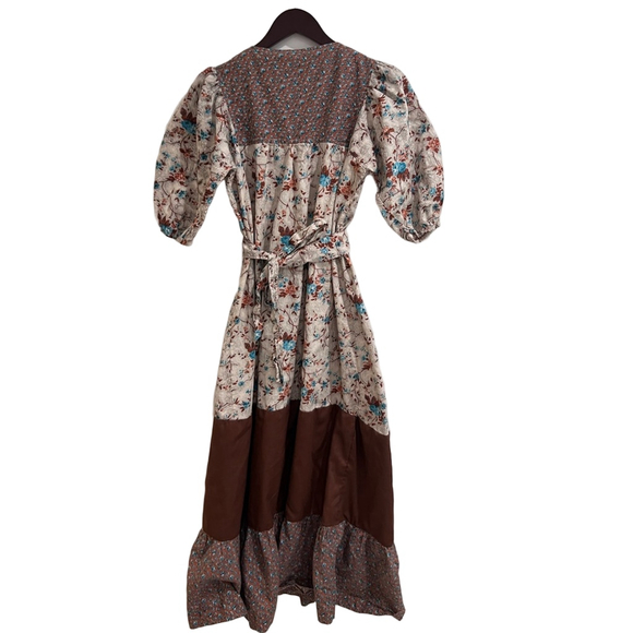 Vintage Prairie Floral Maxi Dress - Puff Sleeve Cottagecore Boho Size M Brown - Picture 2 of 8